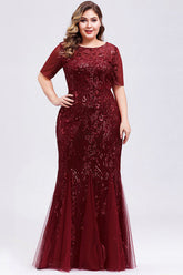Elegant Short Sleeve Sequins Mermaid Plus Size Evening Prom Dress